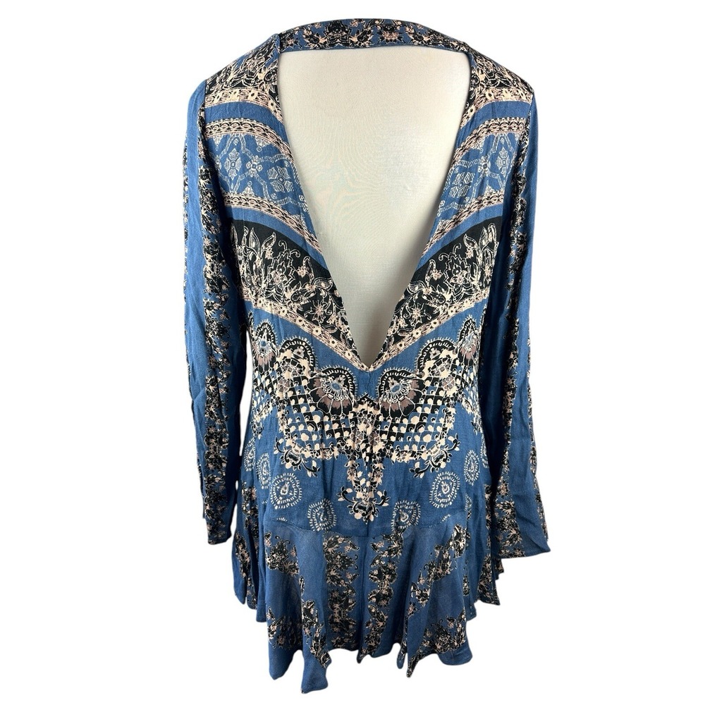 Free People Smooth Talker Tunic Mini Dress Geometric Boho Festival LS Blue Large - Picture 9 of 16